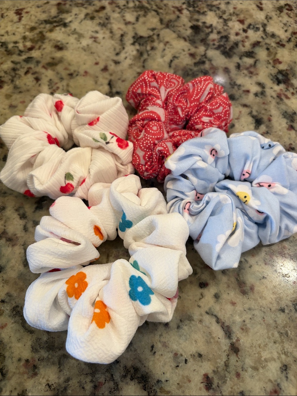 Hand Crafted Scrunchie Set - White, Red, Light Blue, Orange, Teal
